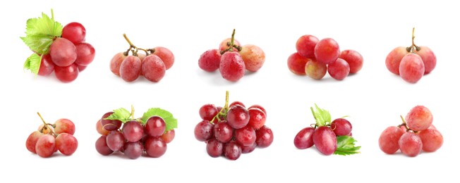 Image of Set with fresh ripe grapes on white background. Banner design