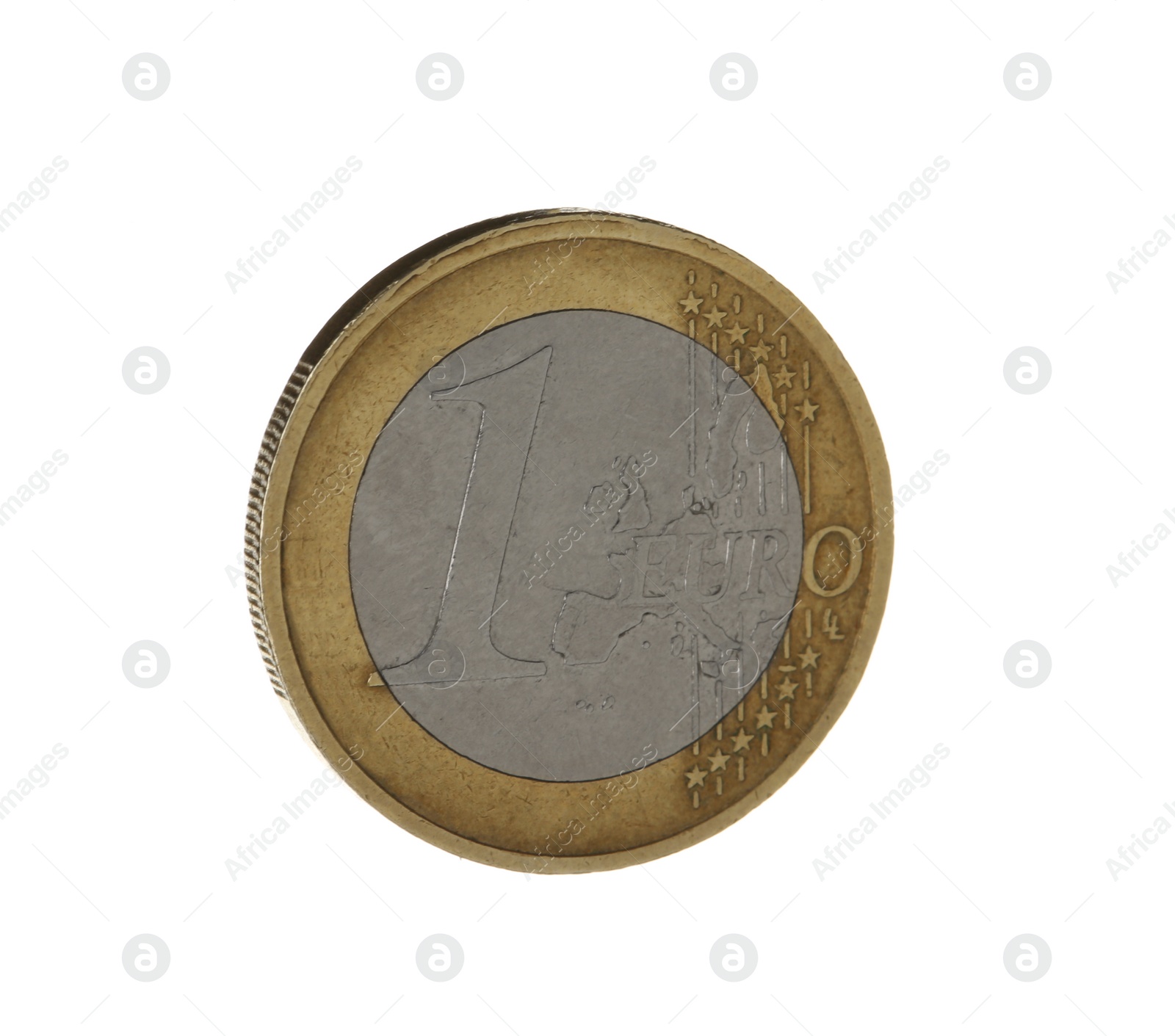 Photo of Shiny one euro coin on white background