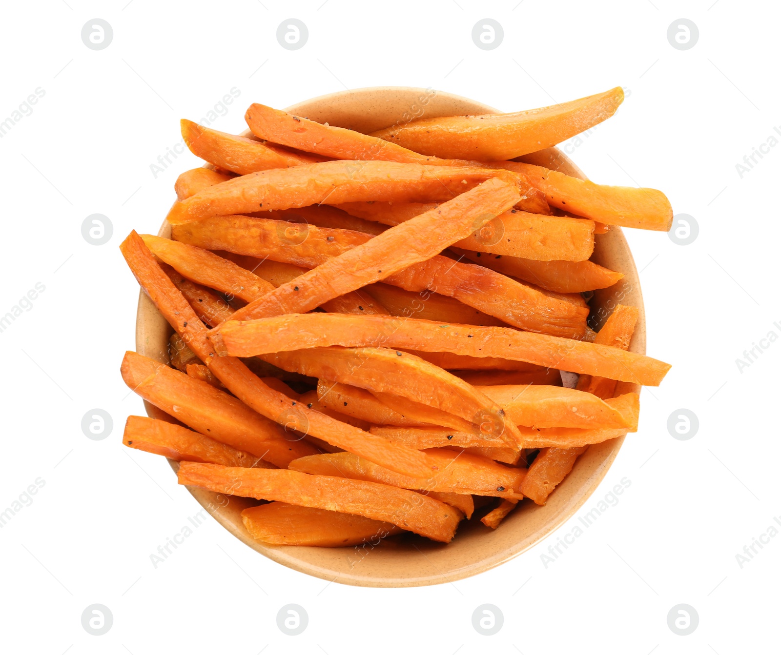 Photo of Bowl with tasty sweet potato fries on white background, top view