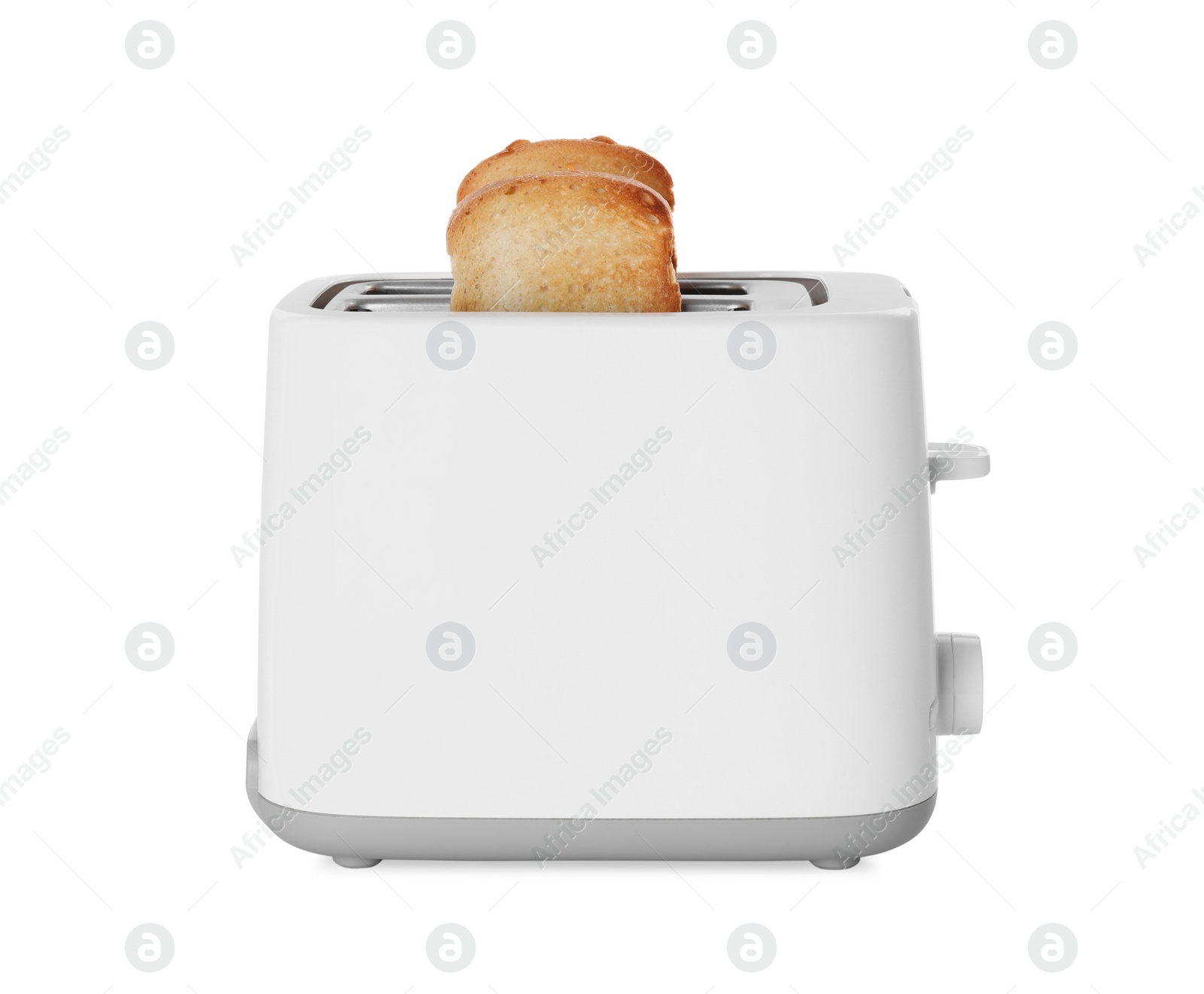 Photo of Electric toaster with bread slices isolated on white