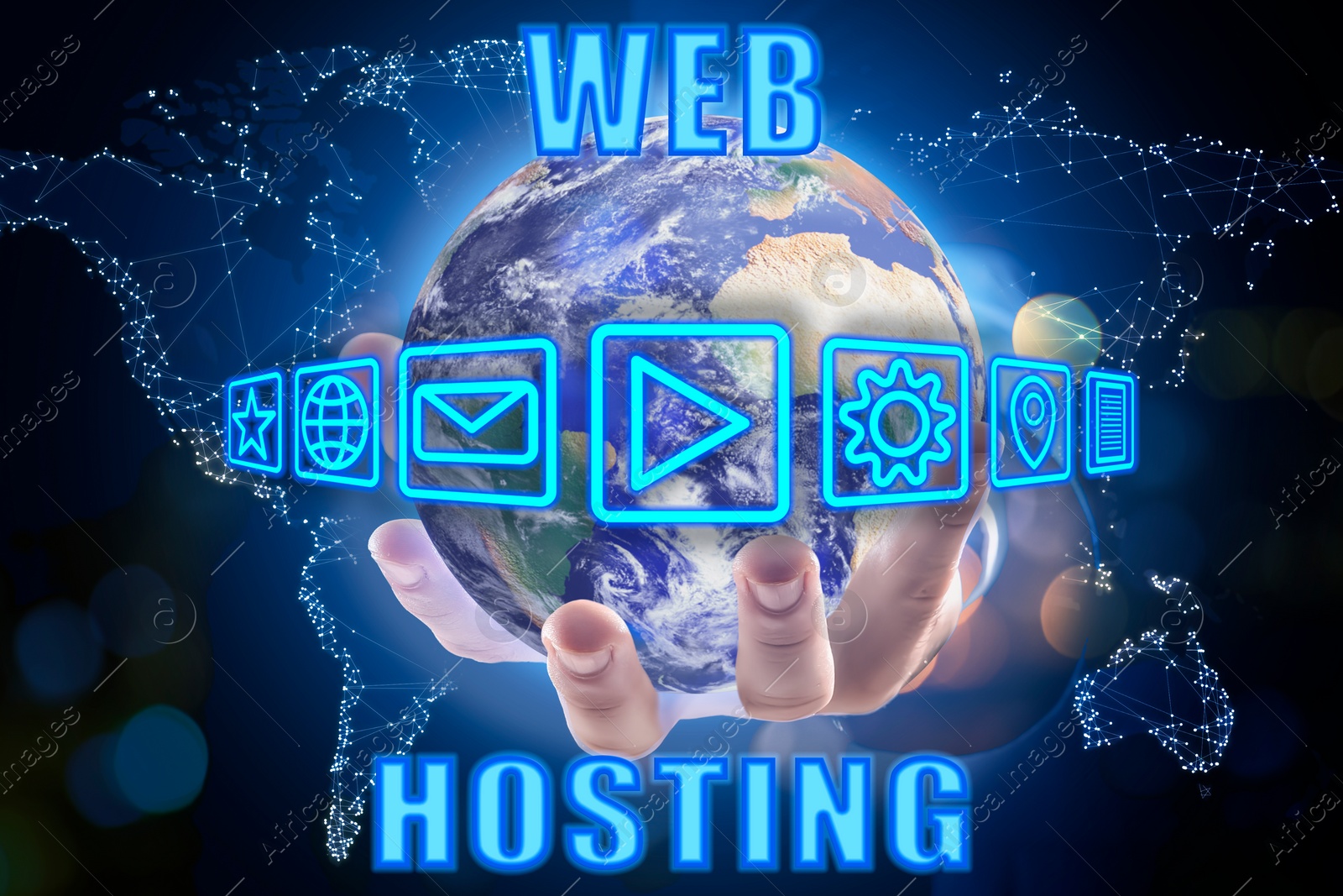 Image of Web hosting. Man holding globe with icons against digital world map, closeup