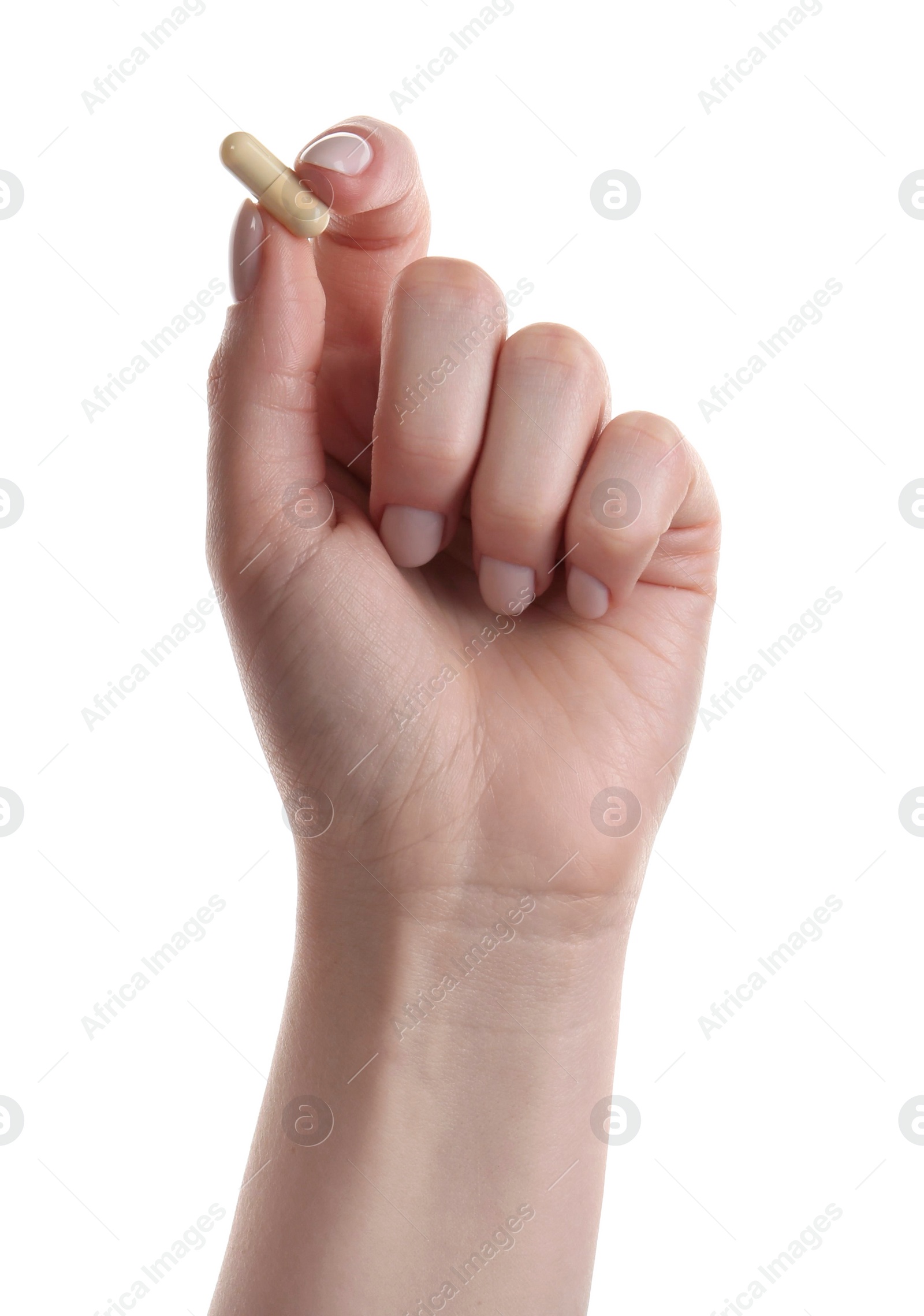 Photo of Woman holding vitamin capsule on white background, closeup. Health supplement