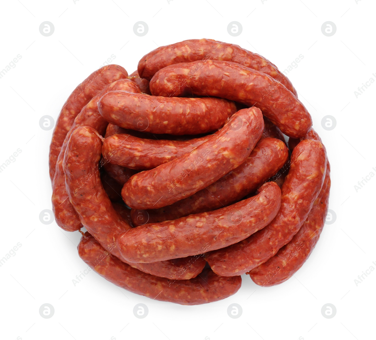 Photo of Many fresh raw sausages isolated on white, top view. Meat product