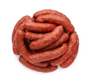 Many fresh raw sausages isolated on white, top view. Meat product