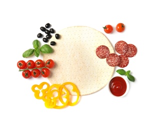 Photo of Flat lay composition with base and ingredients for pizza on white background
