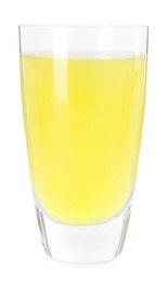 Photo of Shot glass with tasty limoncello liqueur isolated on white