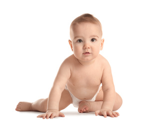 Photo of Cute little baby in diaper on white background