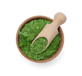 Photo of Dried and fresh parsley with scoop in bowl isolated on white, top view