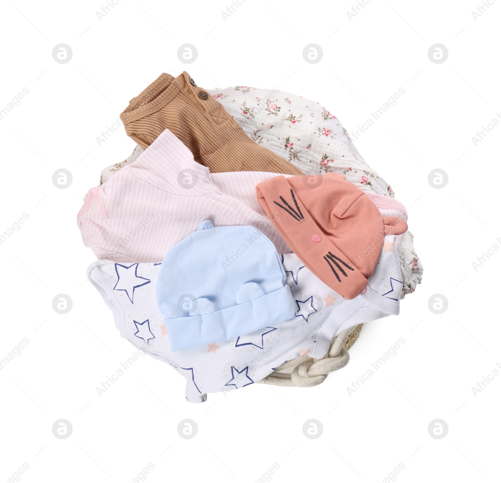 Photo of Laundry basket with baby clothes isolated on white, top view