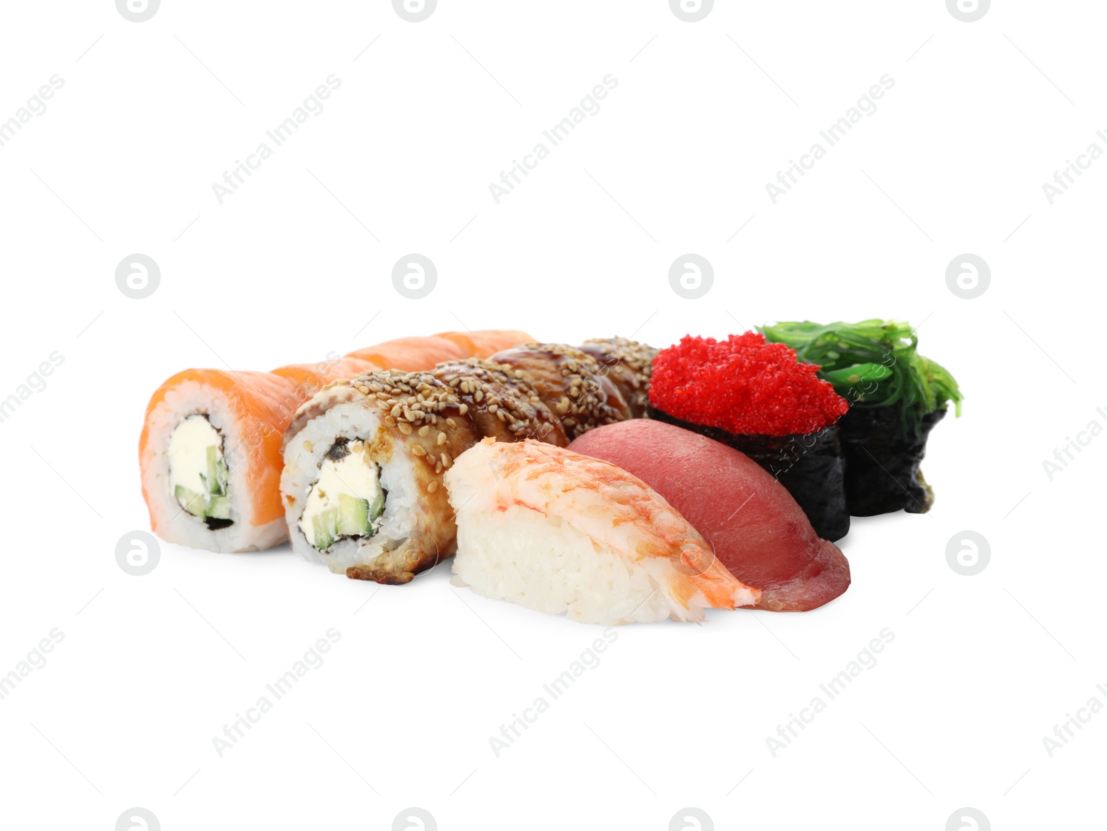Photo of Set of delicious sushi isolated on white