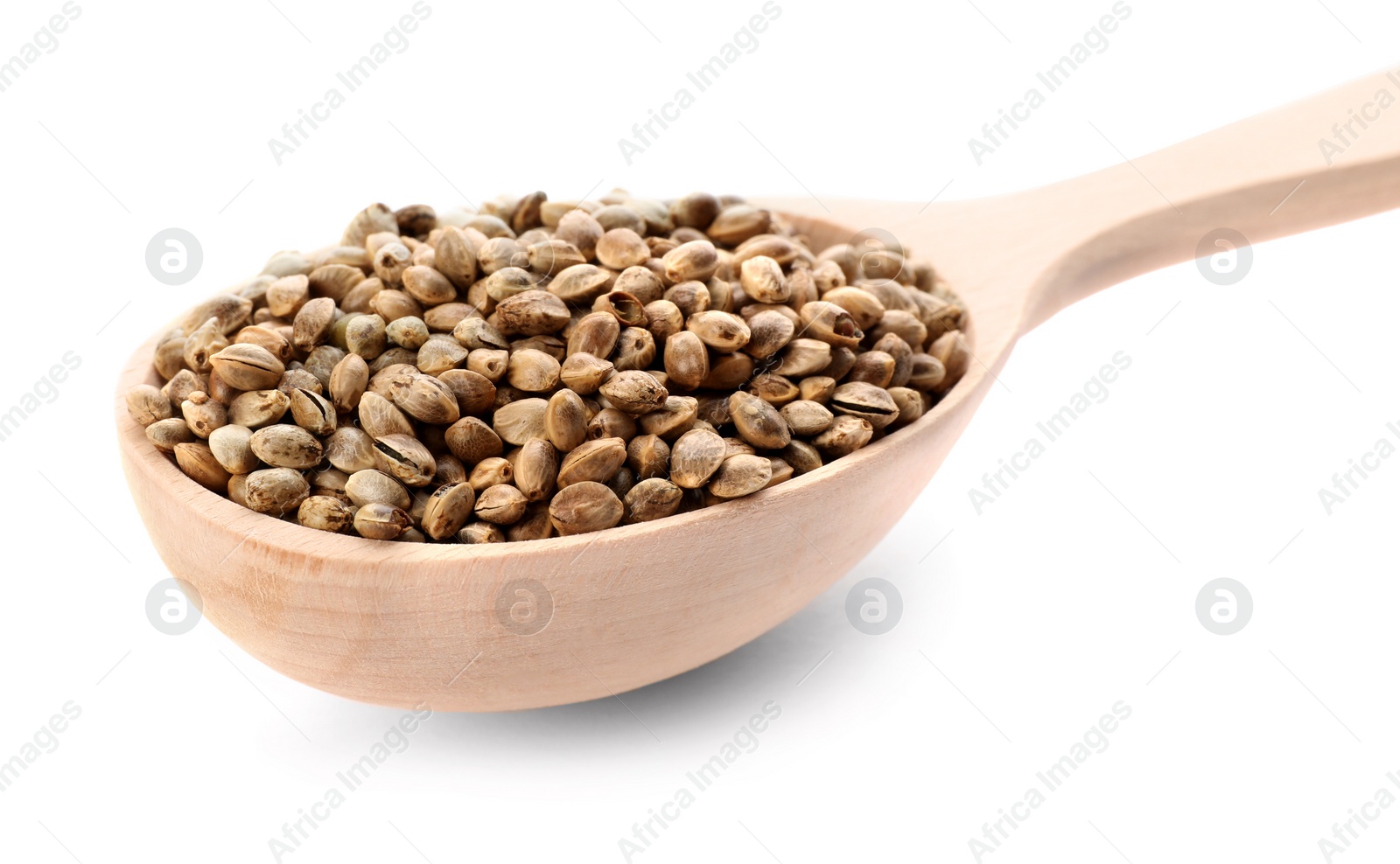 Photo of Wooden spoon with hemp seeds on white background