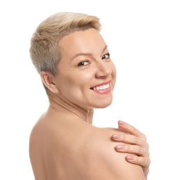 Mature woman with beautiful face on white background