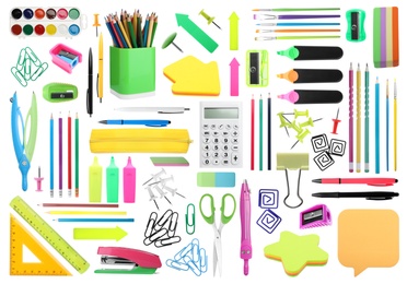 Set of bright school stationery on white background