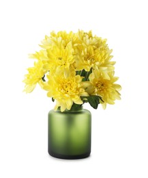 Photo of Beautiful vase with yellow flowers isolated on white