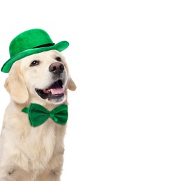 Image of St. Patrick's day celebration. Cute Golden Retriever dog with leprechaun hat and green bow tie isolated on white