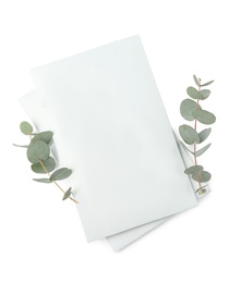 Scented sachets and eucalyptus branches on white background, top view