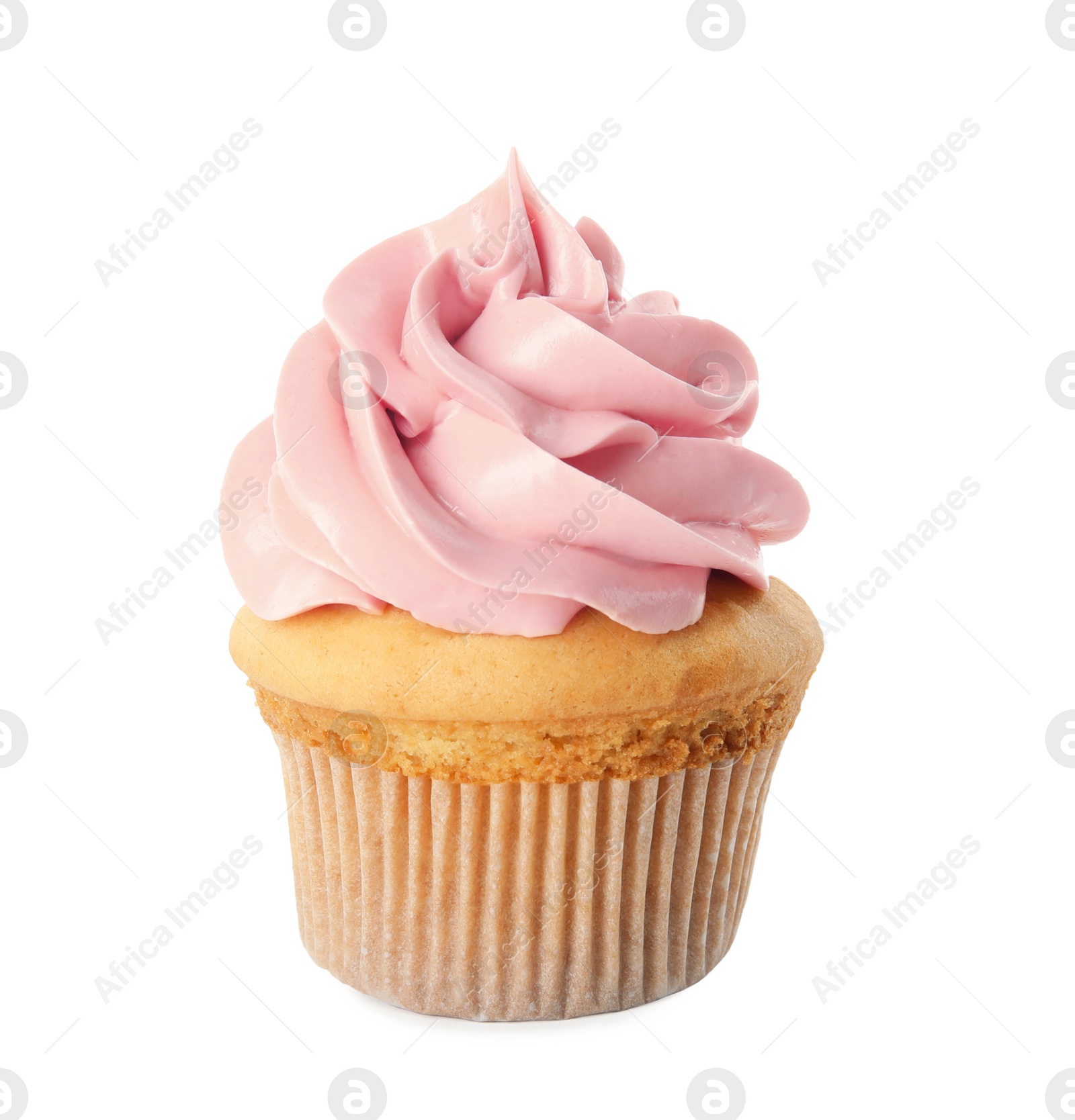 Photo of Delicious birthday cupcake decorated with cream on white background