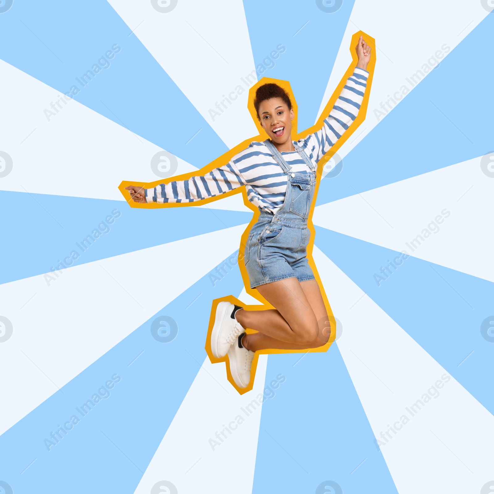 Image of Pop art poster. Happy young woman jumping while dancing on color background