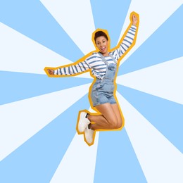 Pop art poster. Happy young woman jumping while dancing on color background