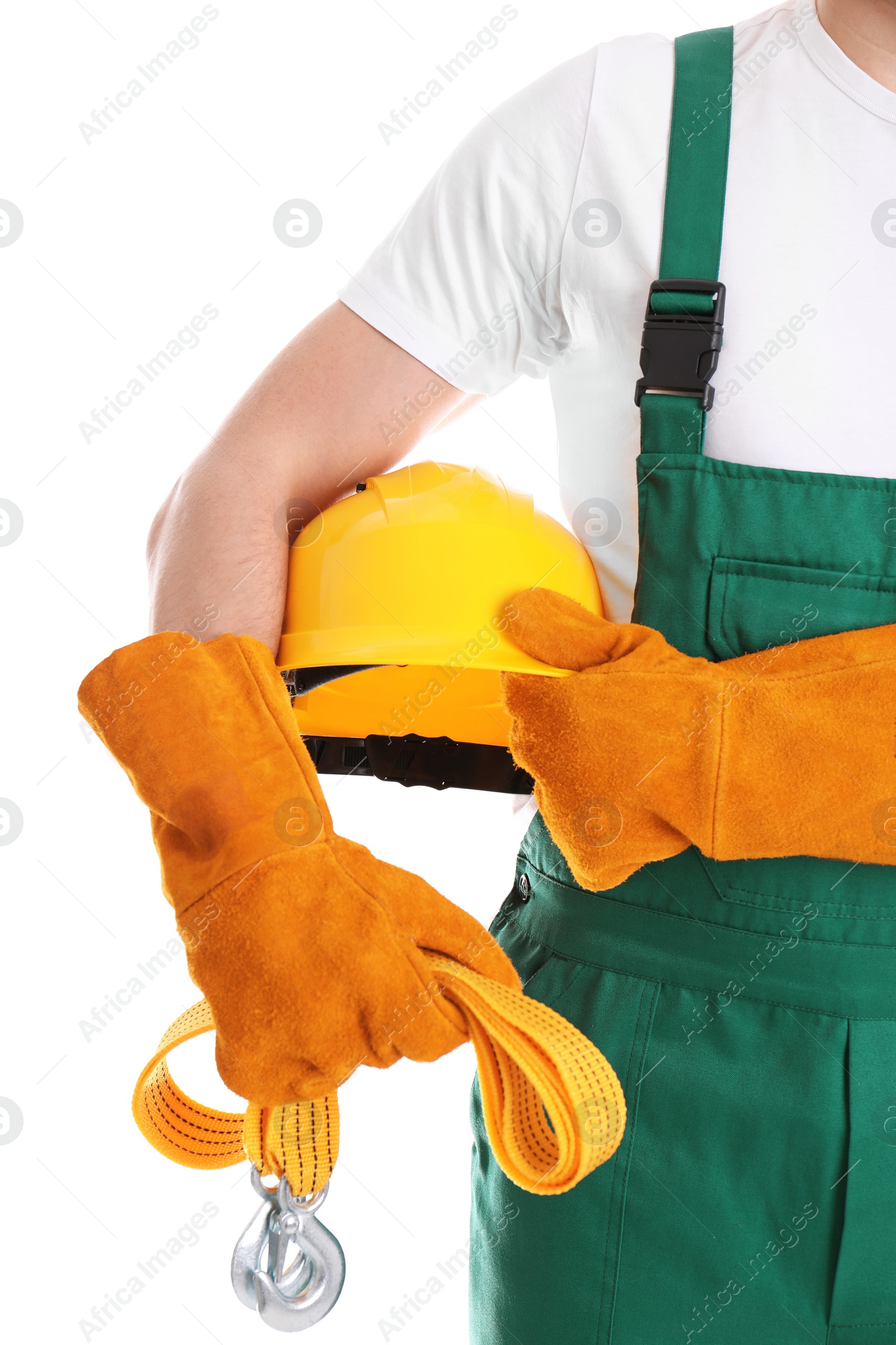 Photo of Male industrial worker in uniform on white background, closeup. Safety equipment