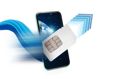 Image of Fast internet connection. SIM card flying out of smartphone on white background