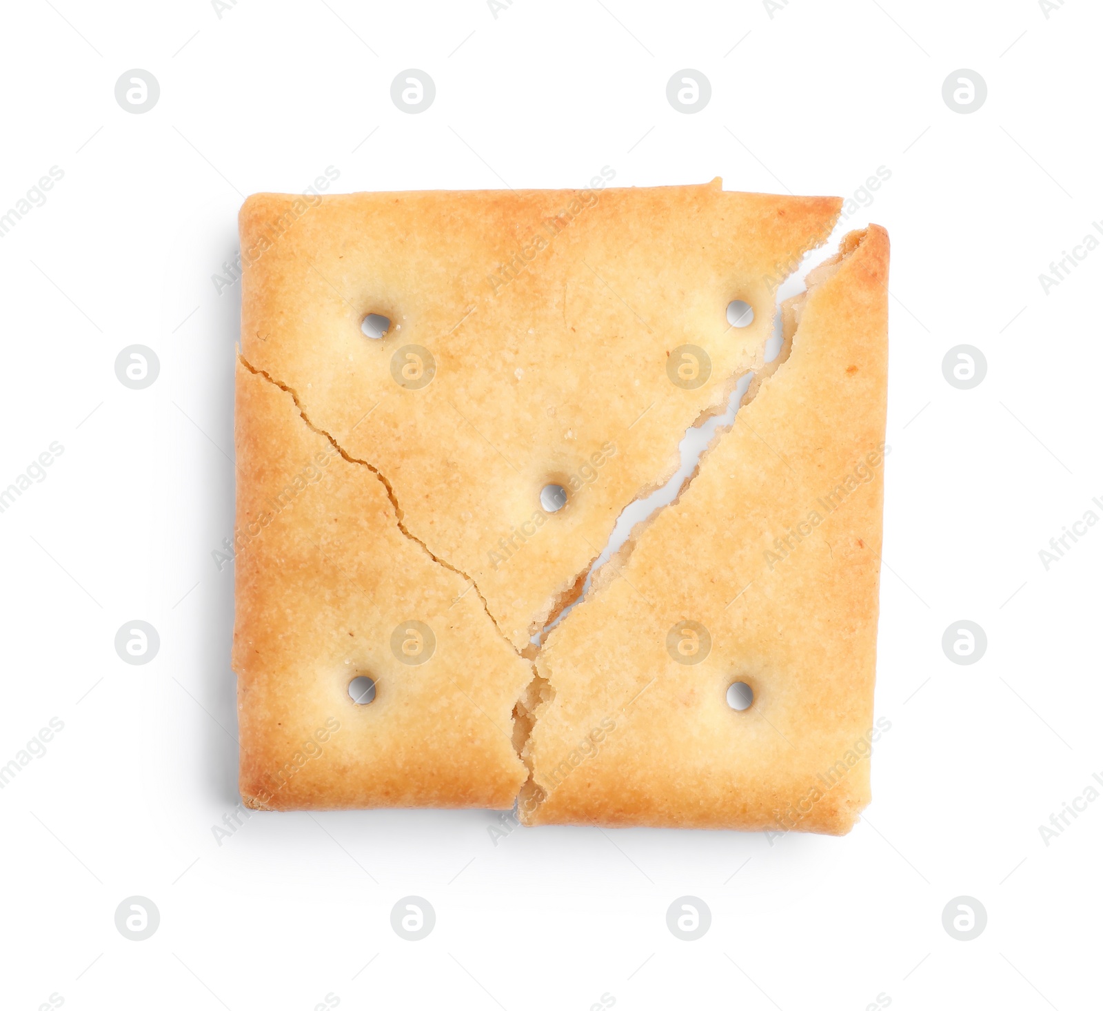 Photo of Crispy broken cracker isolated on white, top view