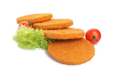 Photo of Uncooked breaded cutlets, tomatoes and lettuce on white background. Freshly frozen semi-finished product