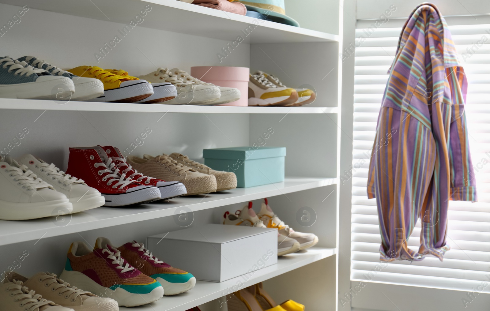 Photo of White shelving unit with collection of colorful sneakers indoors