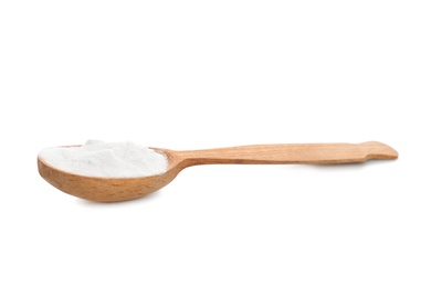 Photo of Spoon with baking soda on white background