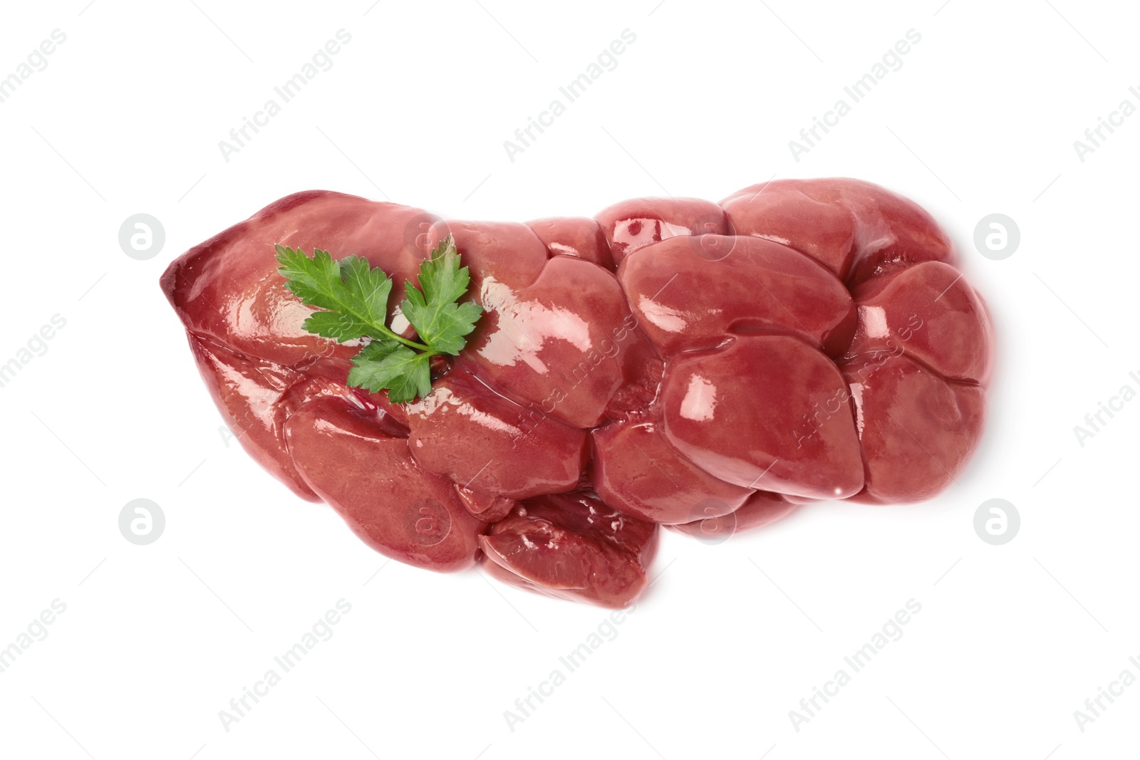 Photo of Fresh raw kidney meat with parsley isolated on white, top view