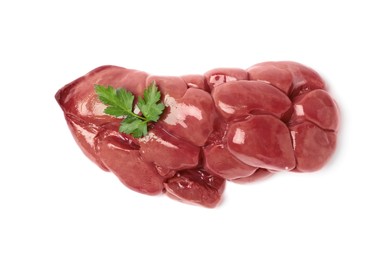 Photo of Fresh raw kidney meat with parsley isolated on white, top view