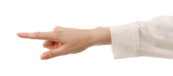 Photo of Woman pointing with index finger on white background, closeup. Responsibility concept