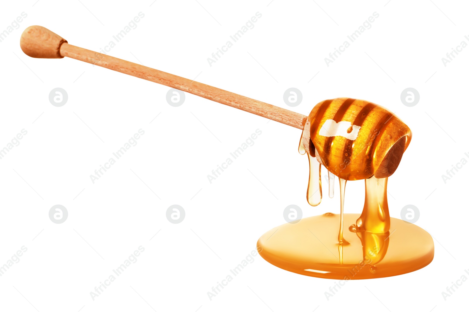 Image of Natural honey dripping from dipper on white background