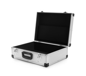 Photo of Open modern suitcase on white background