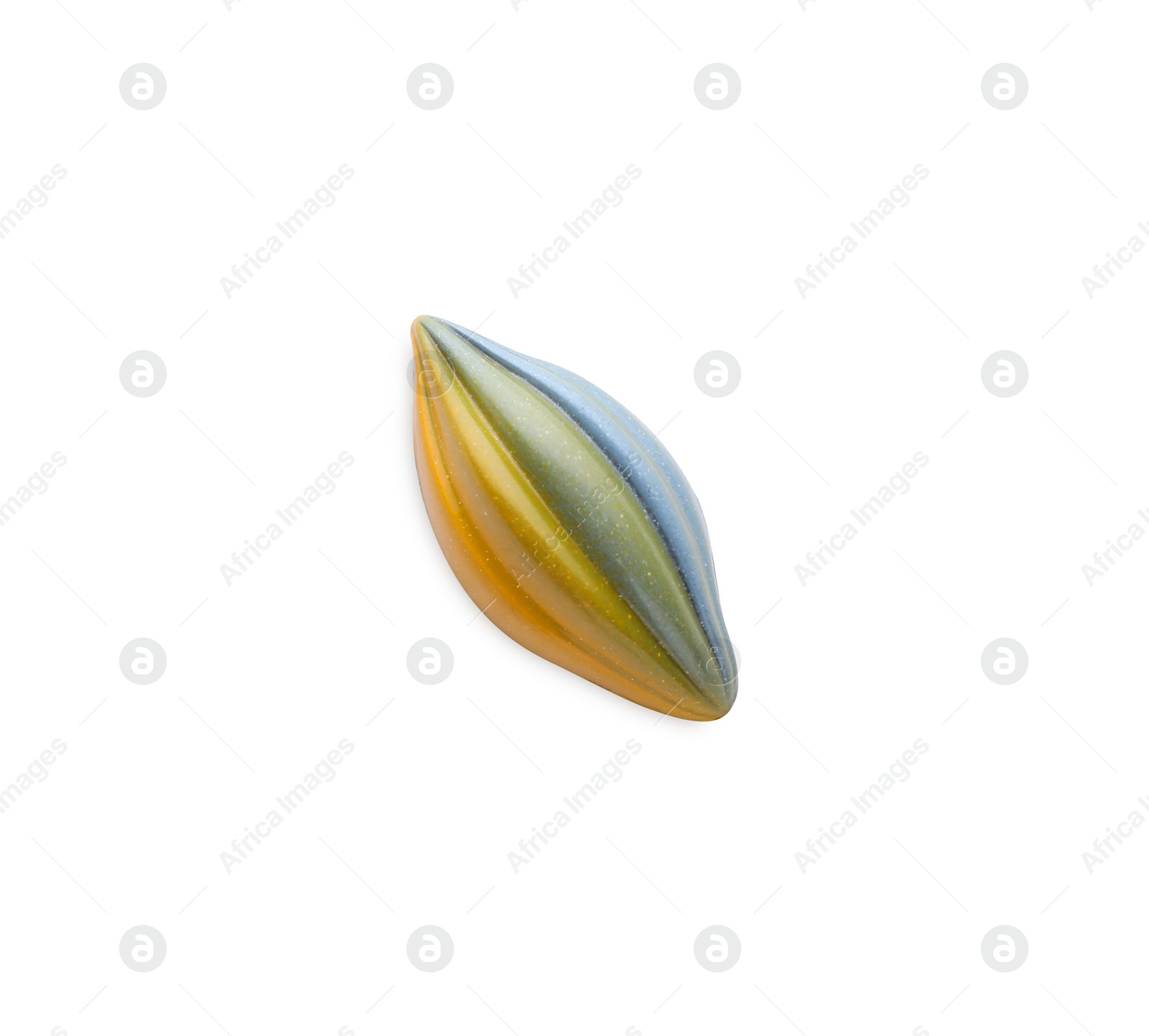 Photo of Tasty chocolate candy isolated on white, top view