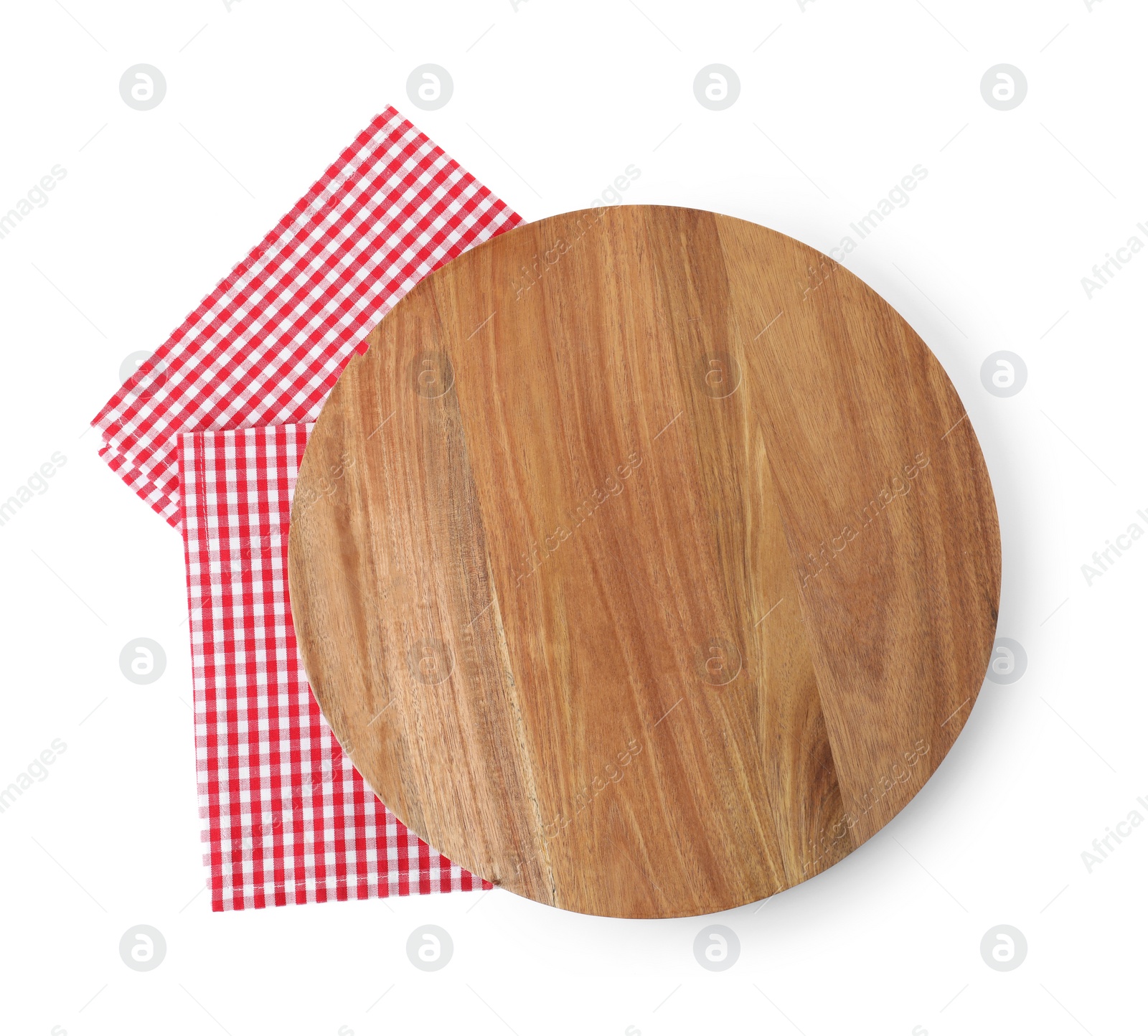 Photo of Fabric napkin with wooden board and space for text on white background, top view