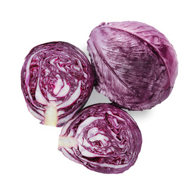 Photo of Fresh ripe red cabbages isolated on white, top view