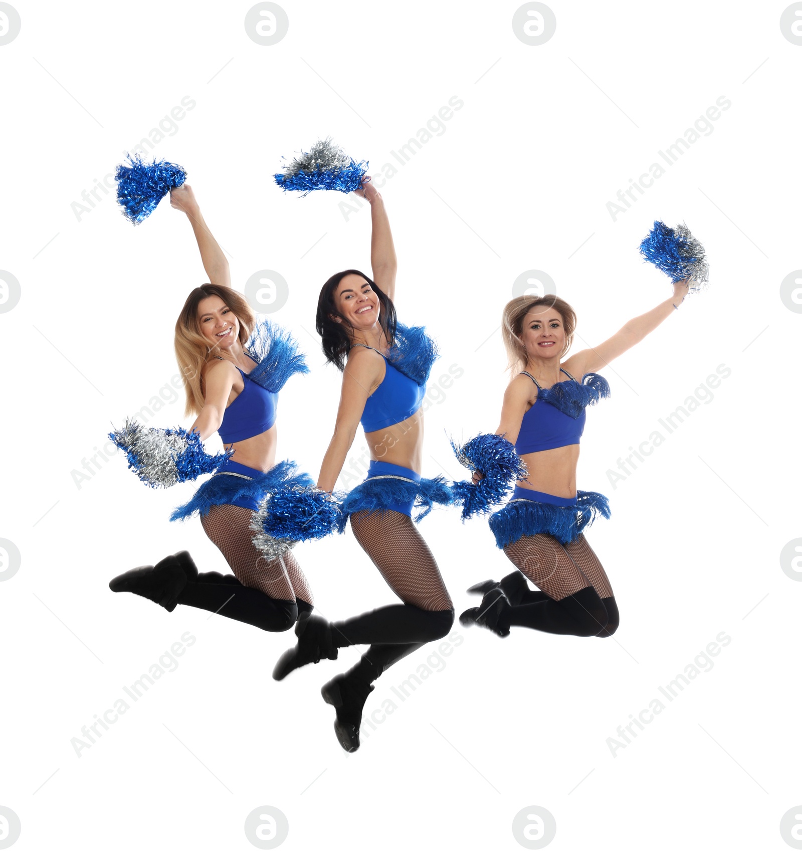 Photo of Group of beautiful cheerleaders jumping on white background