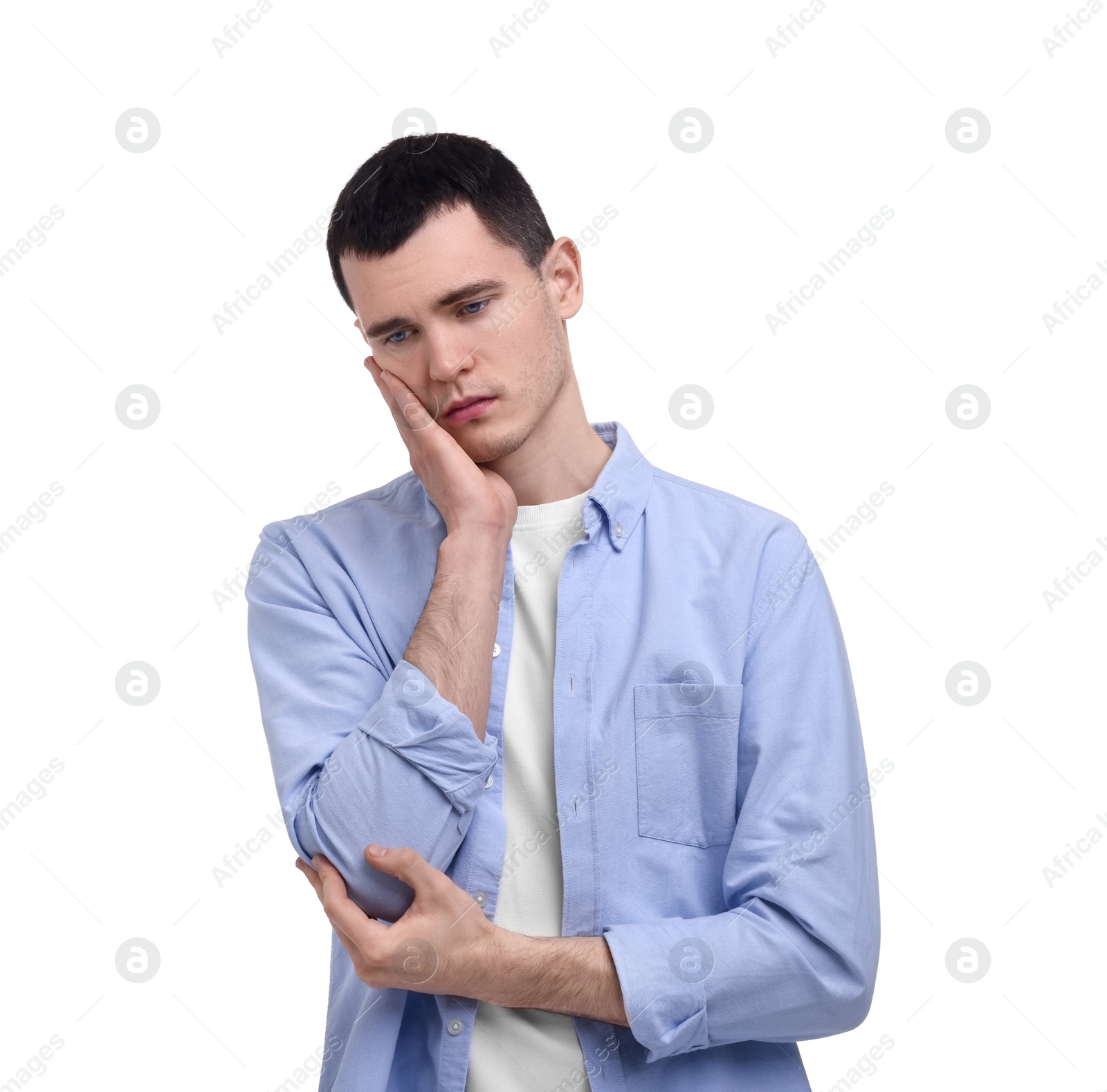 Photo of Portrait of sad man on white background