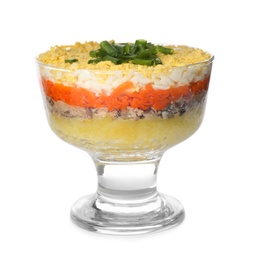 Photo of Traditional russian salad Mimosa on white background