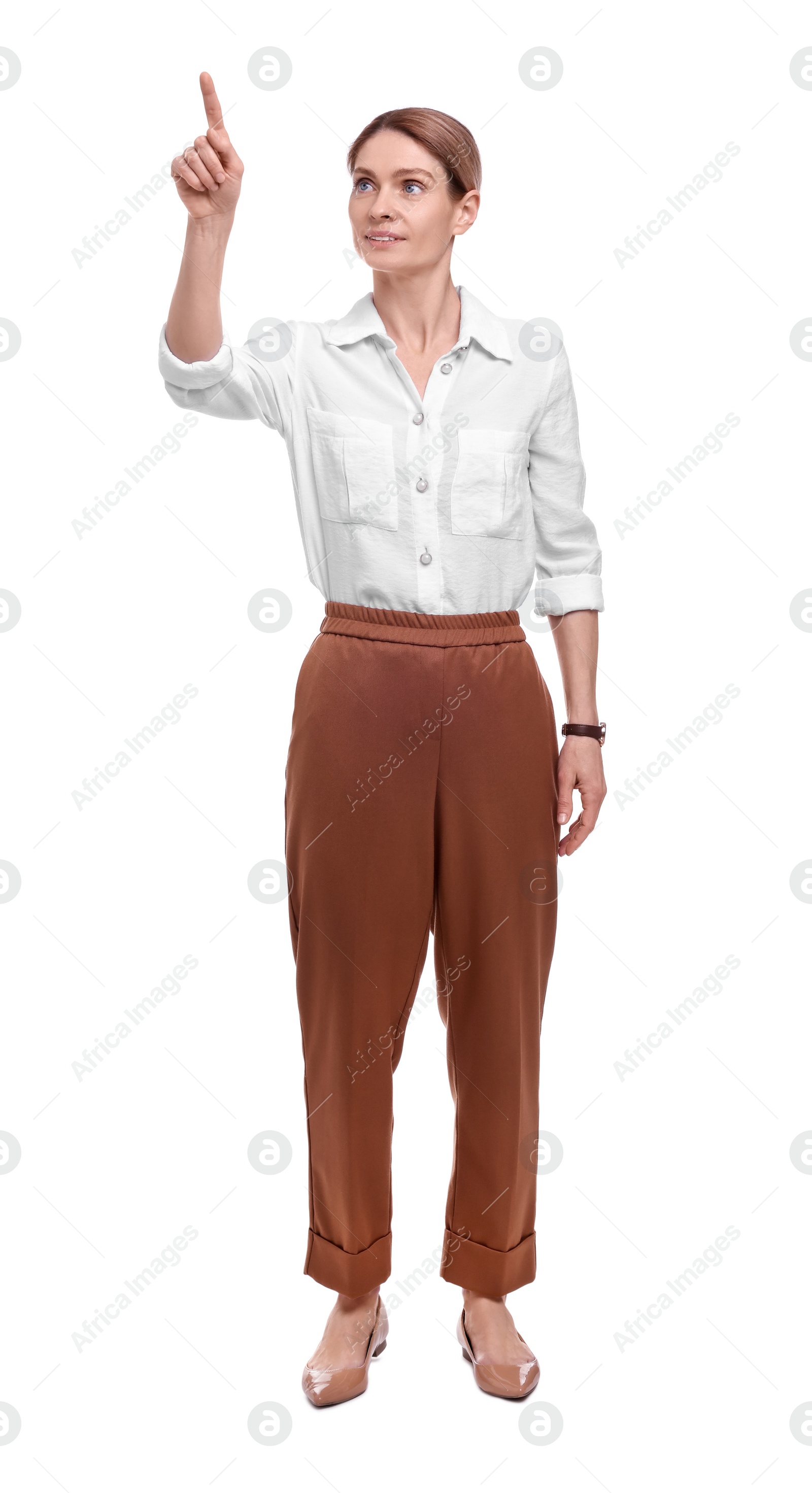 Photo of Beautiful business woman pointing on white background