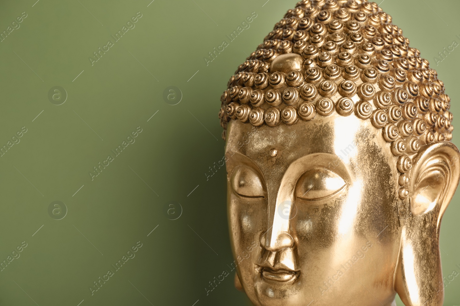 Photo of Beautiful golden Buddha sculpture on green background, closeup. Space for text