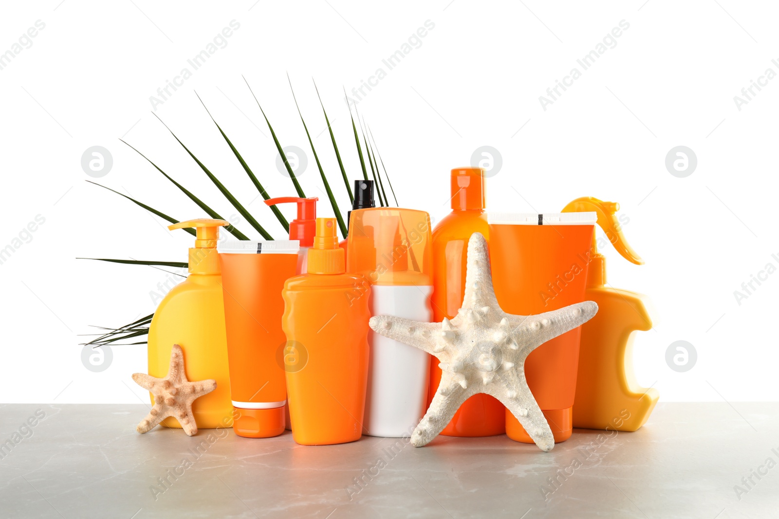 Photo of Composition with sun protection products on white background. Body care