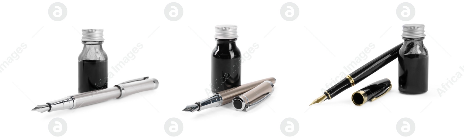 Image of Collage with fountain pens and inkwells on white background