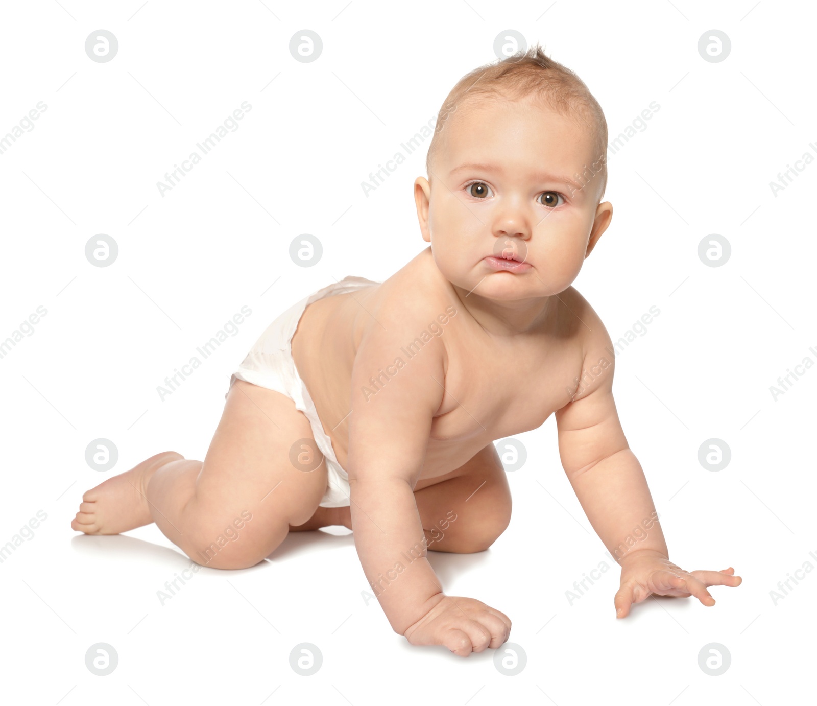 Photo of Cute little baby crawling on white background