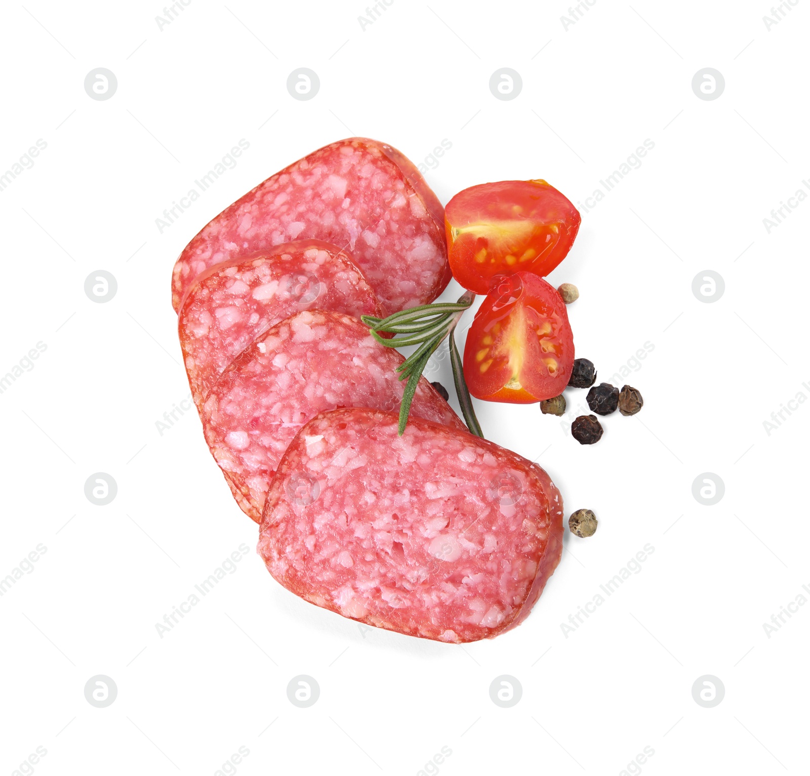 Photo of Slices of delicious smoked sausage, tomato and rosemary isolated on white, top view