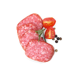 Slices of delicious smoked sausage, tomato and rosemary isolated on white, top view