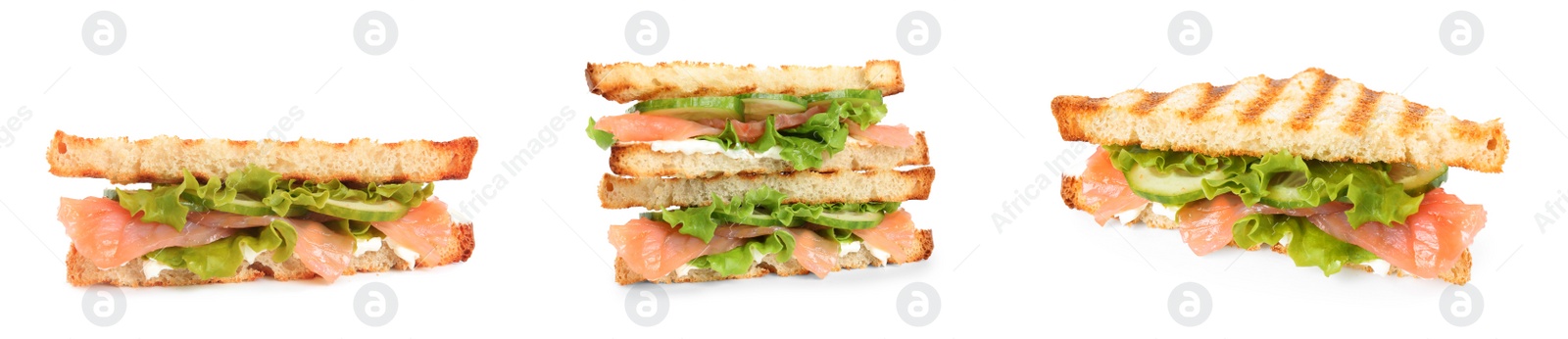 Image of Set with different delicious sandwiches on white background. Banner design