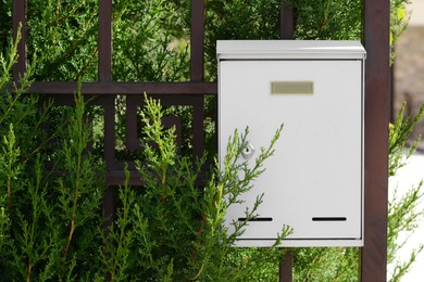 White metal letter box on fence near tree outdoors