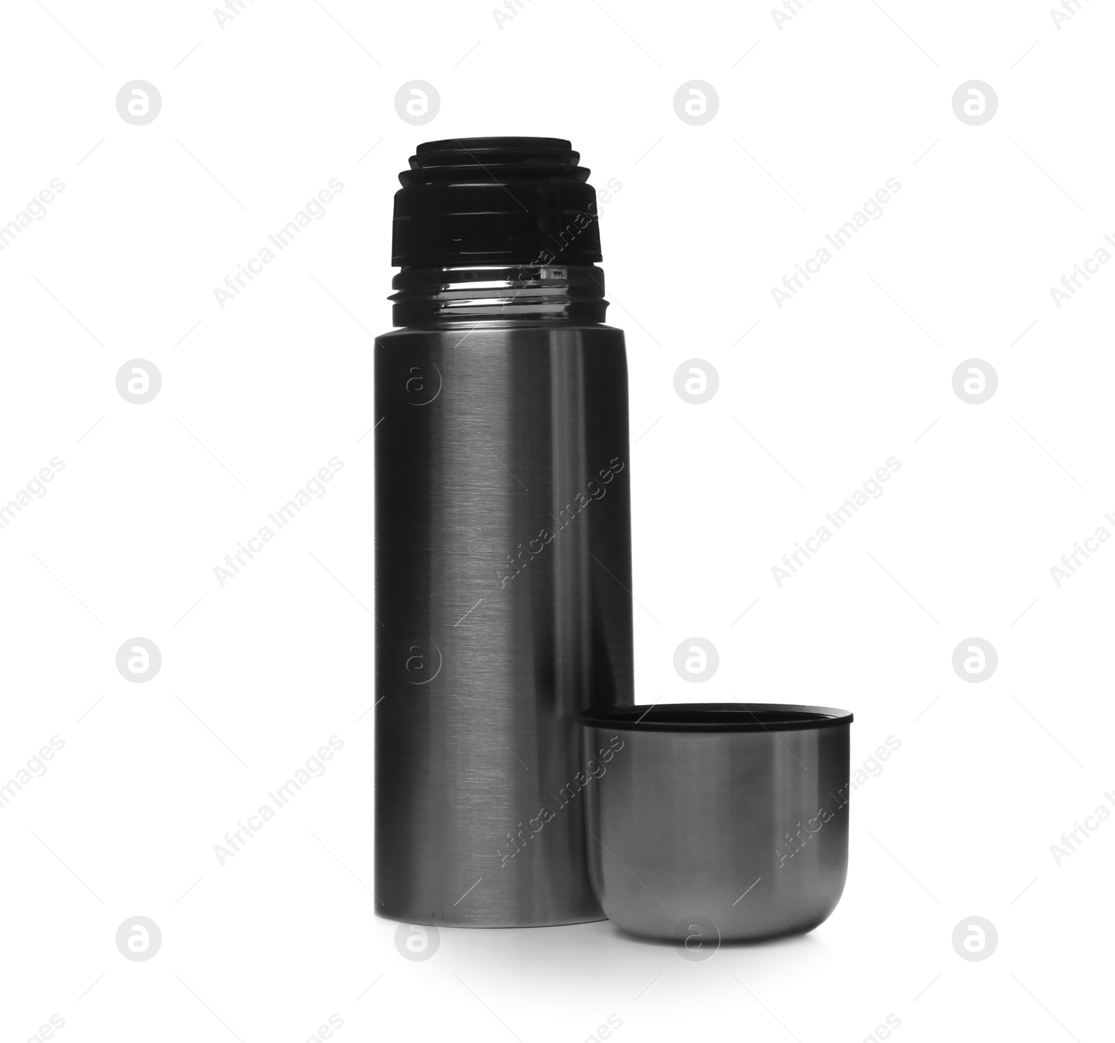 Photo of New modern thermos and cup isolated on white